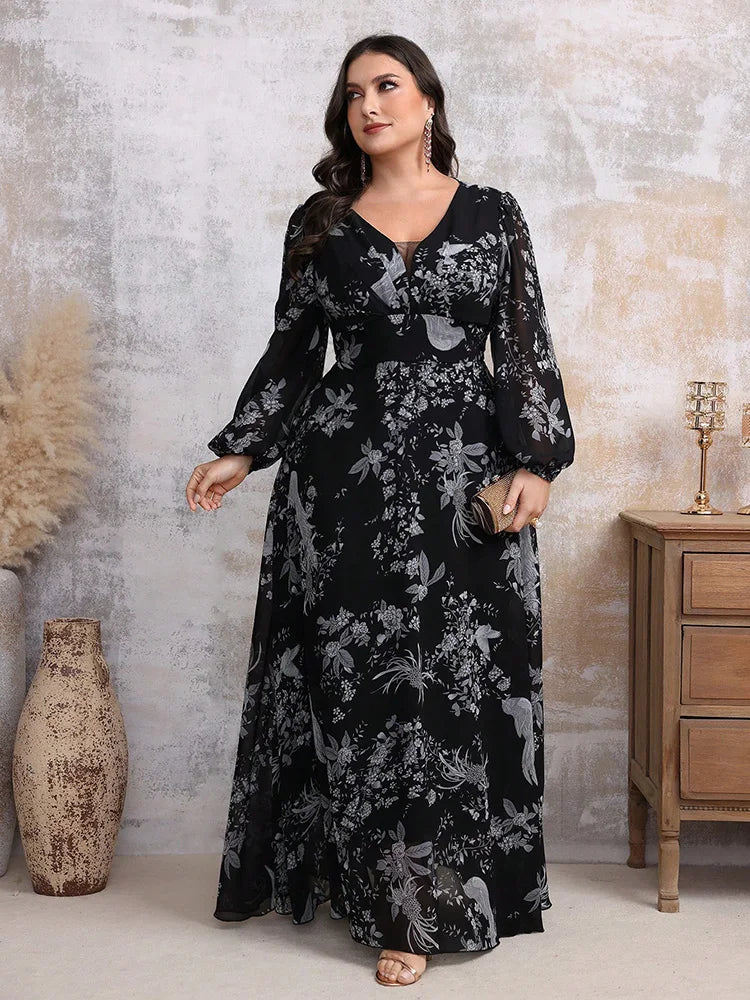 Women's Elegant Random Floral Printed Casual Plus Size Long Dresses With V-Neck Lace Mesh Suitable For Female Party and Evening Dresses