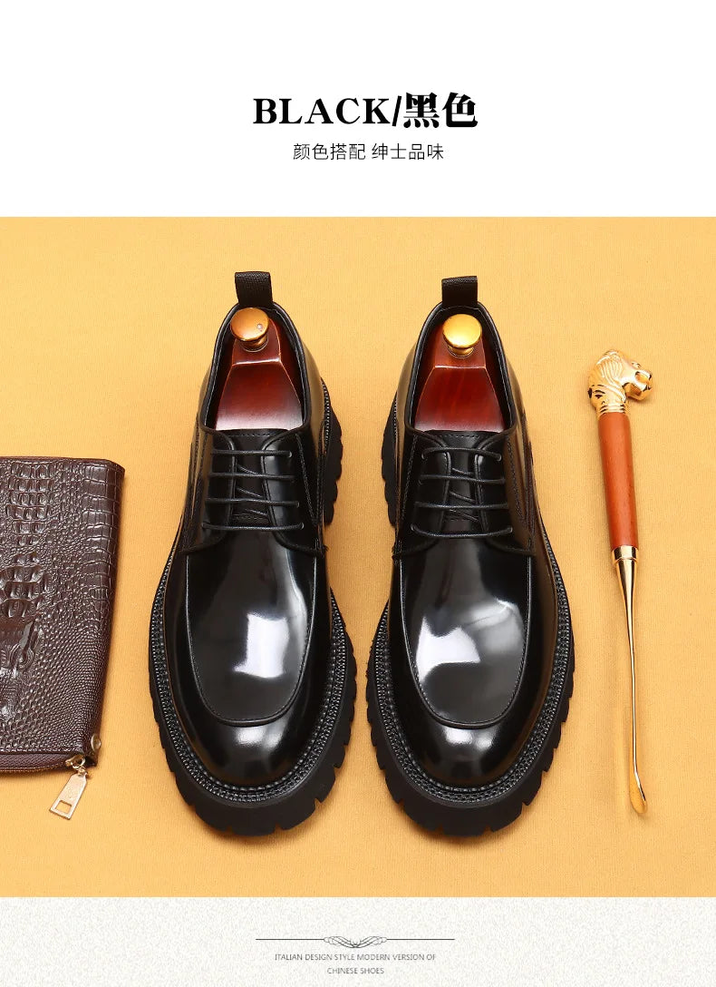 Designer Men's Leather Shoes With Thick Soles Round Toe Glossy Leather Business Dress and Waxed Cowhide Lace-Up British Shoes