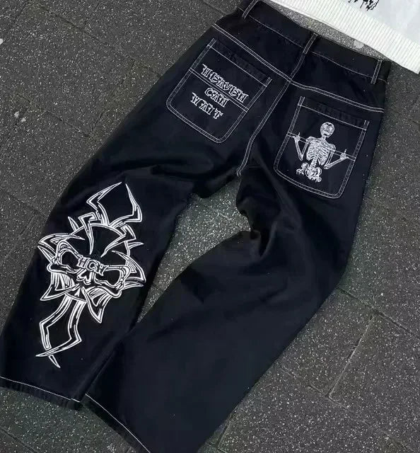 Women's Gothic Jeans Y2K Clothes Harajuku Hip Hop Pocket Embroidery Vintage Dark Blue Baggy Jeans High Waist Slim Flared Trousers
