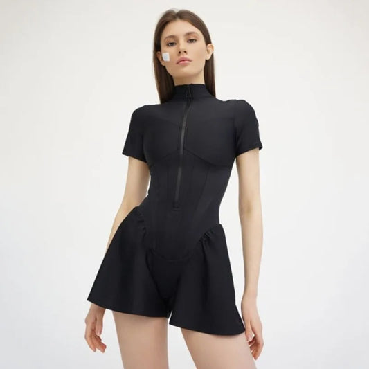 2025 Nieuwe dames jumpsuit effen kleur rits O-hals korte mouwen sport bodysuits dames zomer sexy slanke eendelige playsuits