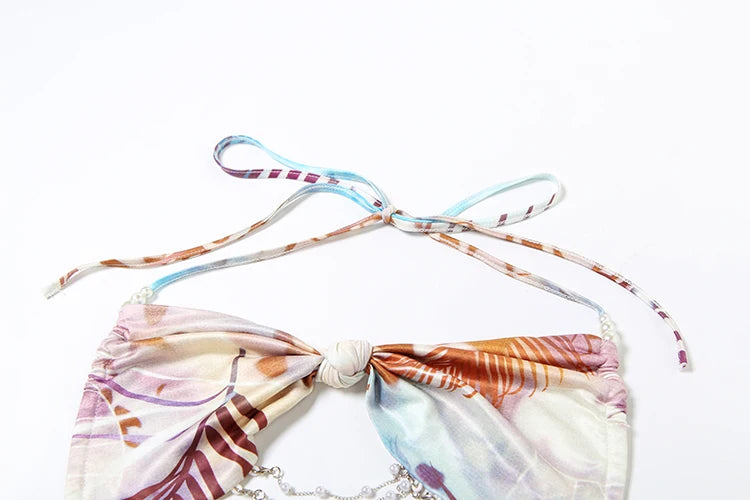 Backless Women Dress Pearl Chains Knot Wrap Summer Tie Dye Print Halter Bandage Backless Skinny Party Mini Bodycon