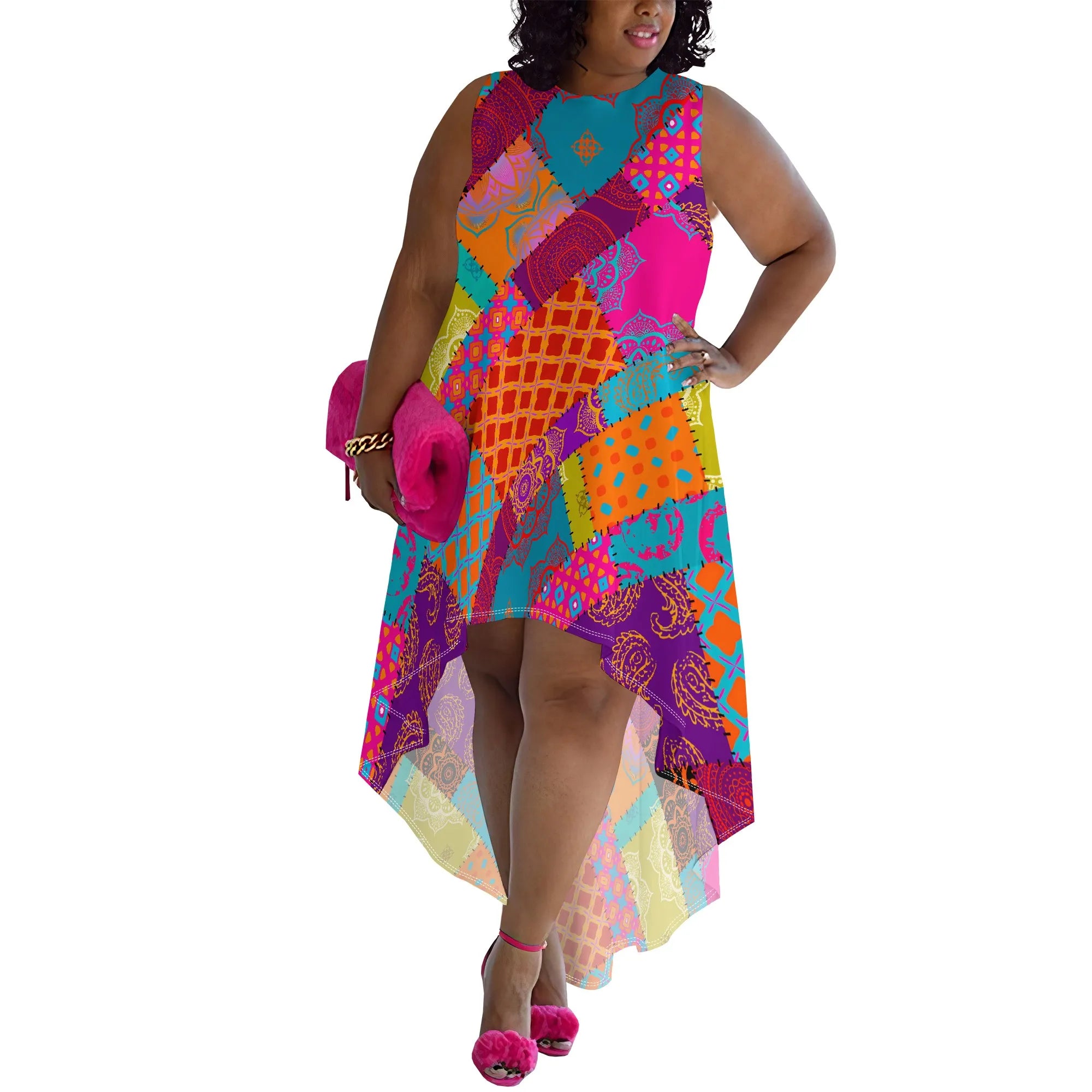 Elegant Plus Size High-Low Dress Featuring a Stylish Paisley Pattern in Deep Purples and Blues, Perfect For Any Occasion