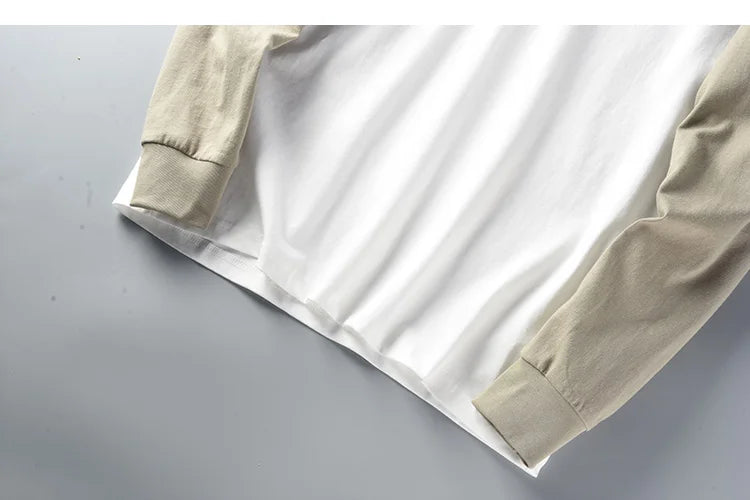 Autumn New American Retro Long Sleeve O-neck Contrast Splicing T-shirt Men's Fashion 100% Cotton Washed Old Casual Sport Tops