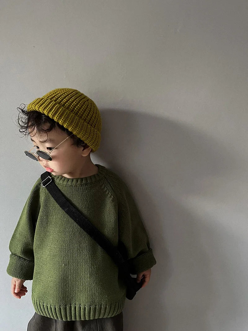 Pure Cotton Solid Kids Sweaters Vintage Boys Pullover Knitwear Toddler Girls Sweater Shirt Outwear For Children 1-6Y Unisex