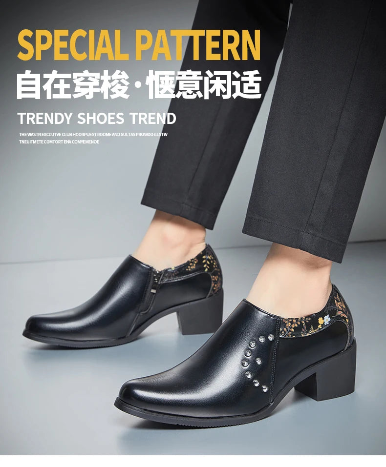 Retro Men European Fashionable Rivet Oxfords Dress Shoes High Heel Male Party Dressing Shoes Height Increasing Zipper Shoe
