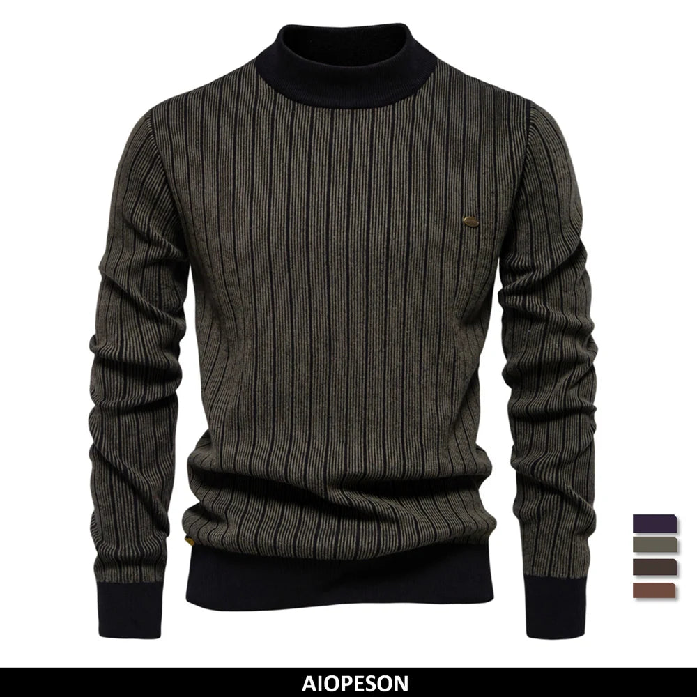 Men's Mock Neck Cotton Pullover Sweaters Autumn Winter Warm Stripped Sweater for Men