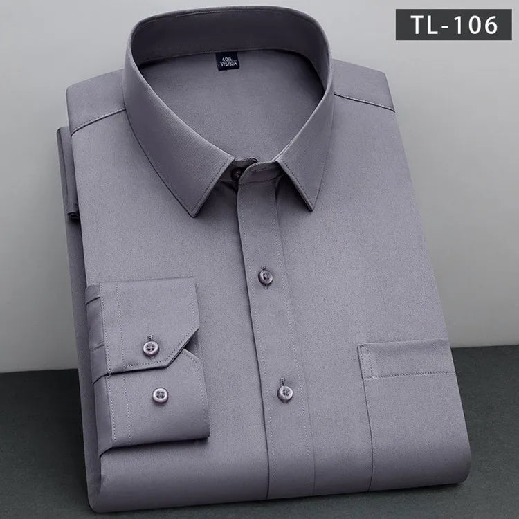 Men's Classic Solid Non-Iron Business Casual Shirt Anti-Wrinkle Soft Wear Long Sleeve Square Collar Tat Fabric Single Breasted