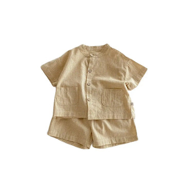 Summer Thin Short Sleeve T-shirt and Shorts Set Small Stand Collar Cool Toddler Boys Baby Girls 2PCS Casual Beach Suits 1-5Y Unisex