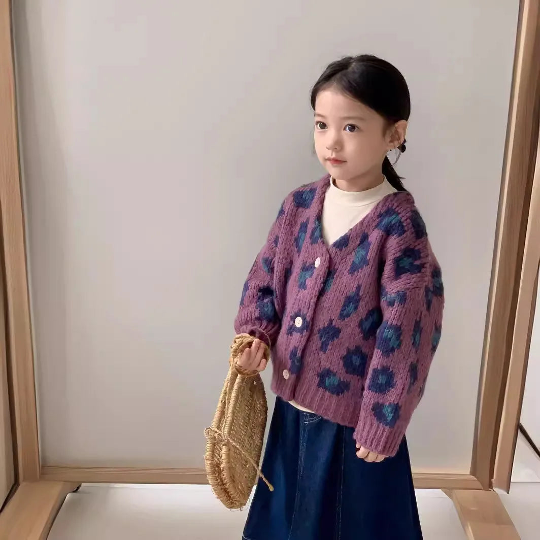 Girls' Autumn Vintage Korean Trendy Leopard Knit V-Neck Cardigan Coat For Children 1-7Y