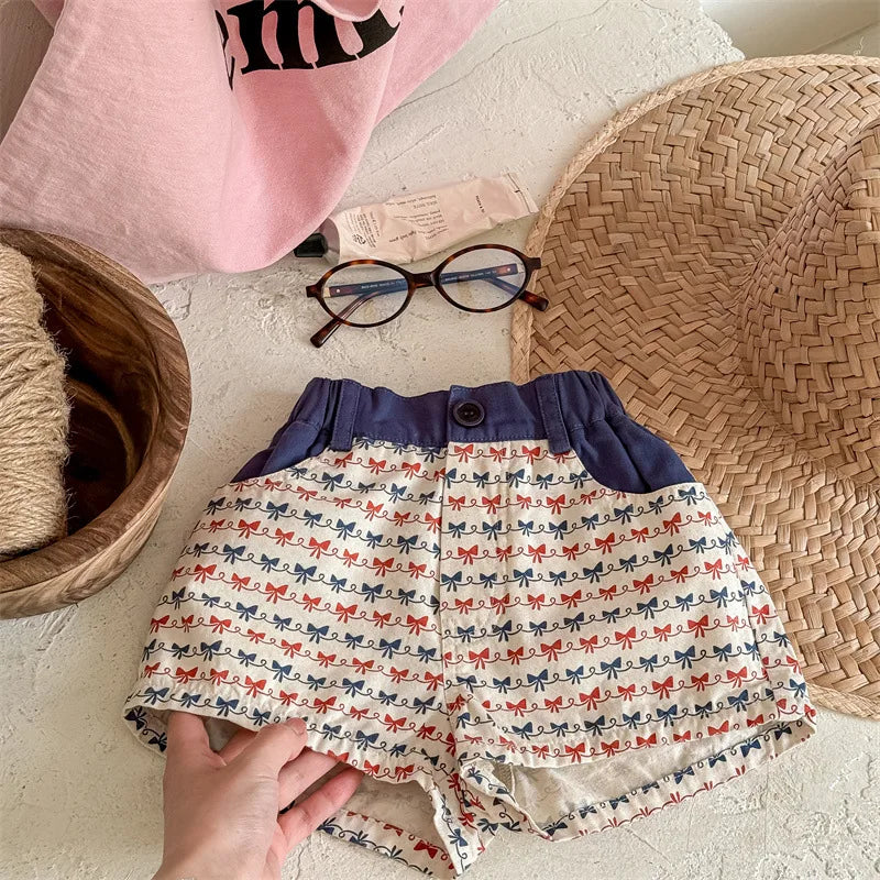 2025 Zomer Nieuwe Baby Meisjes Strik Print Shorts Katoenen Kinderen Losse Shorts Kinderen Veelzijdige Casual Broek Ademende Peuterkleding 4-6Y