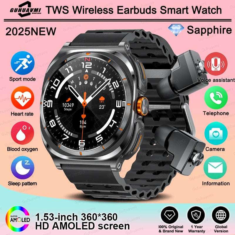 Men's Smart Watch TWS Headset Two In One Wireless Bluetooth Call Dual Earbuds Health Monitor Sport Tracker 400MAH Smartwatch