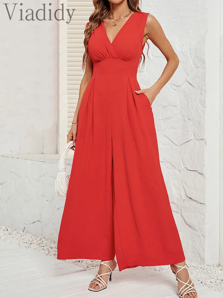 Women Solid Color V-Neck Sleeveless Side Pockets Wide Leg Jumpsuit