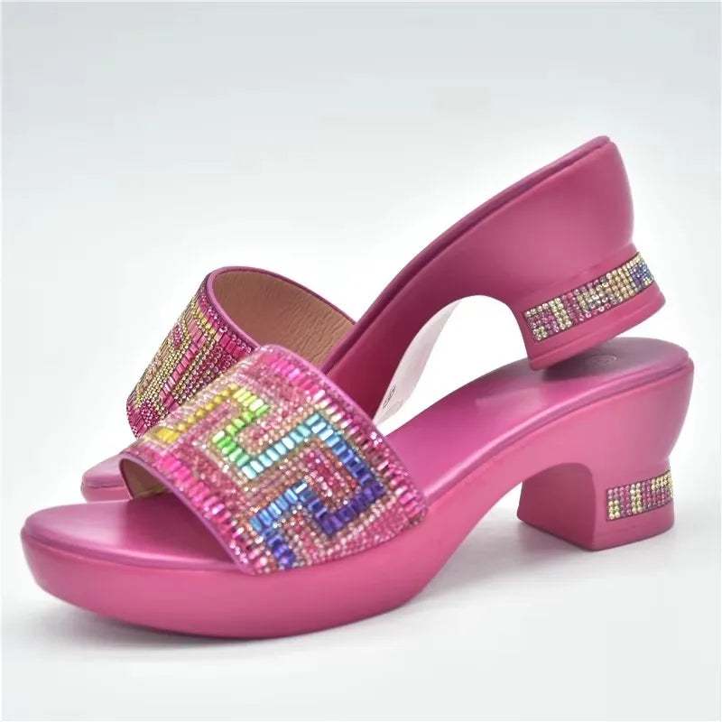 African Luxury Women Wedding Shoes Decorated with Rhinestone Open Toe Shoes Slip-On Italian Ladies Shoes