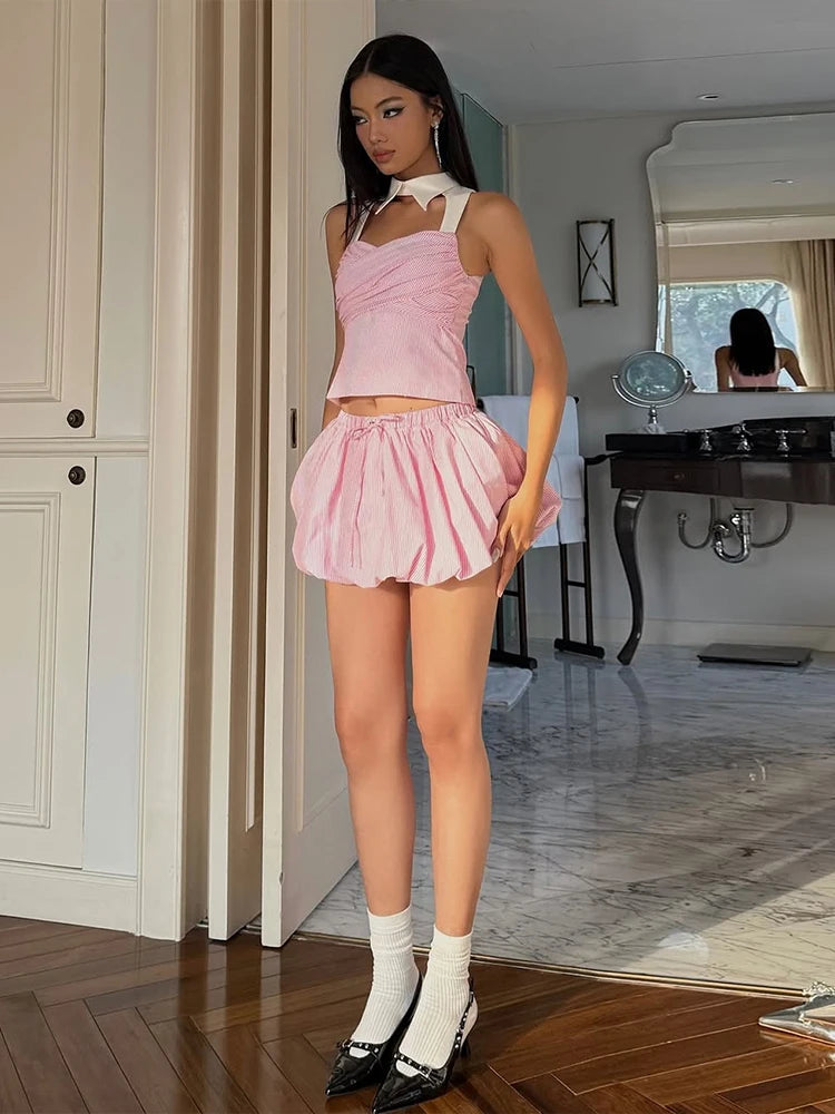 Sweet Fit Striped Print 2Piece Set Women Patchwork Button Hollow Backless Button Tops + Lace-Up Puffy Skirt Matching Suit