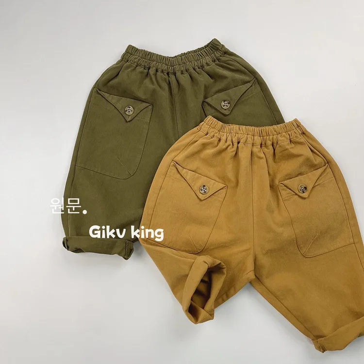 2025 Autumn New Children Loose Trousers Baby Girls Solid Vintage Casual Pants Toddler Boys Versatile Cargo Pants Kids Clothes 4-6Y Unisex