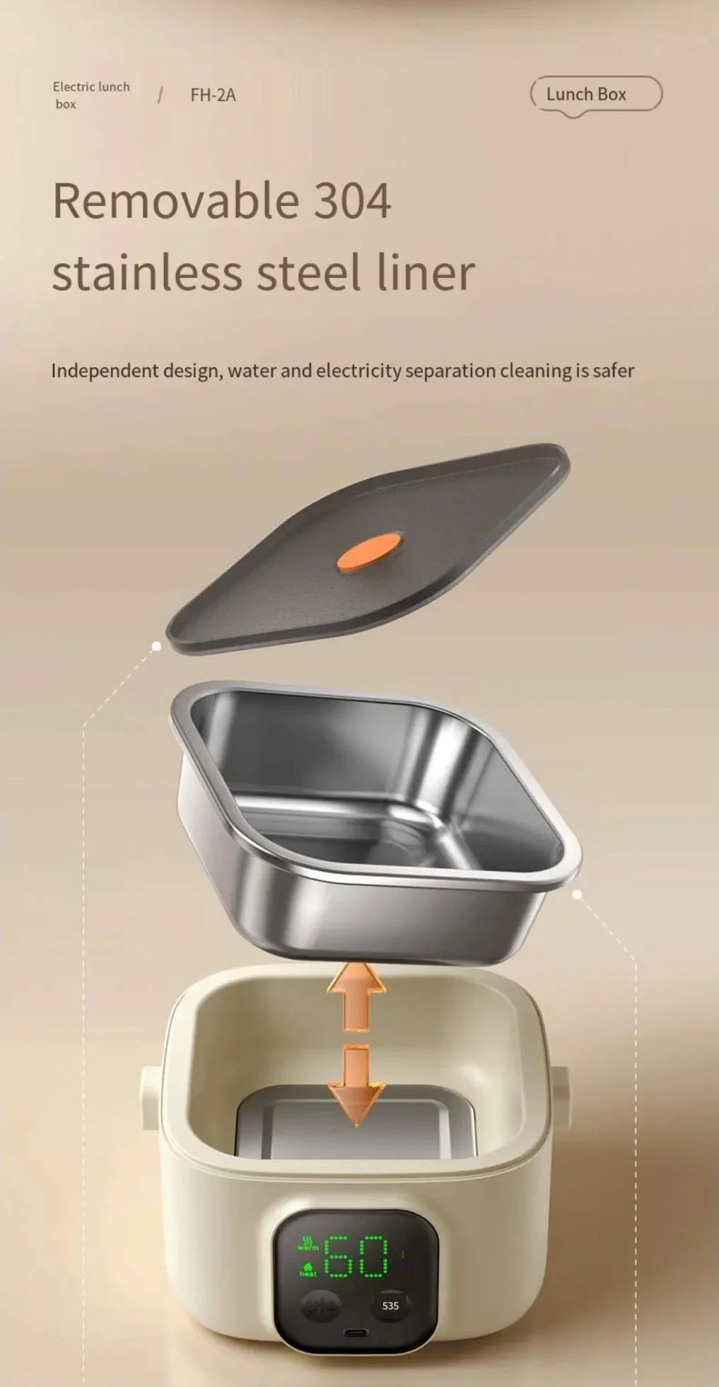 Portable Wireless Water-Free Heating Lunch Box Small Capacity for Baby Camping Trips LCD Display Rechargeable Electric Lunch Box