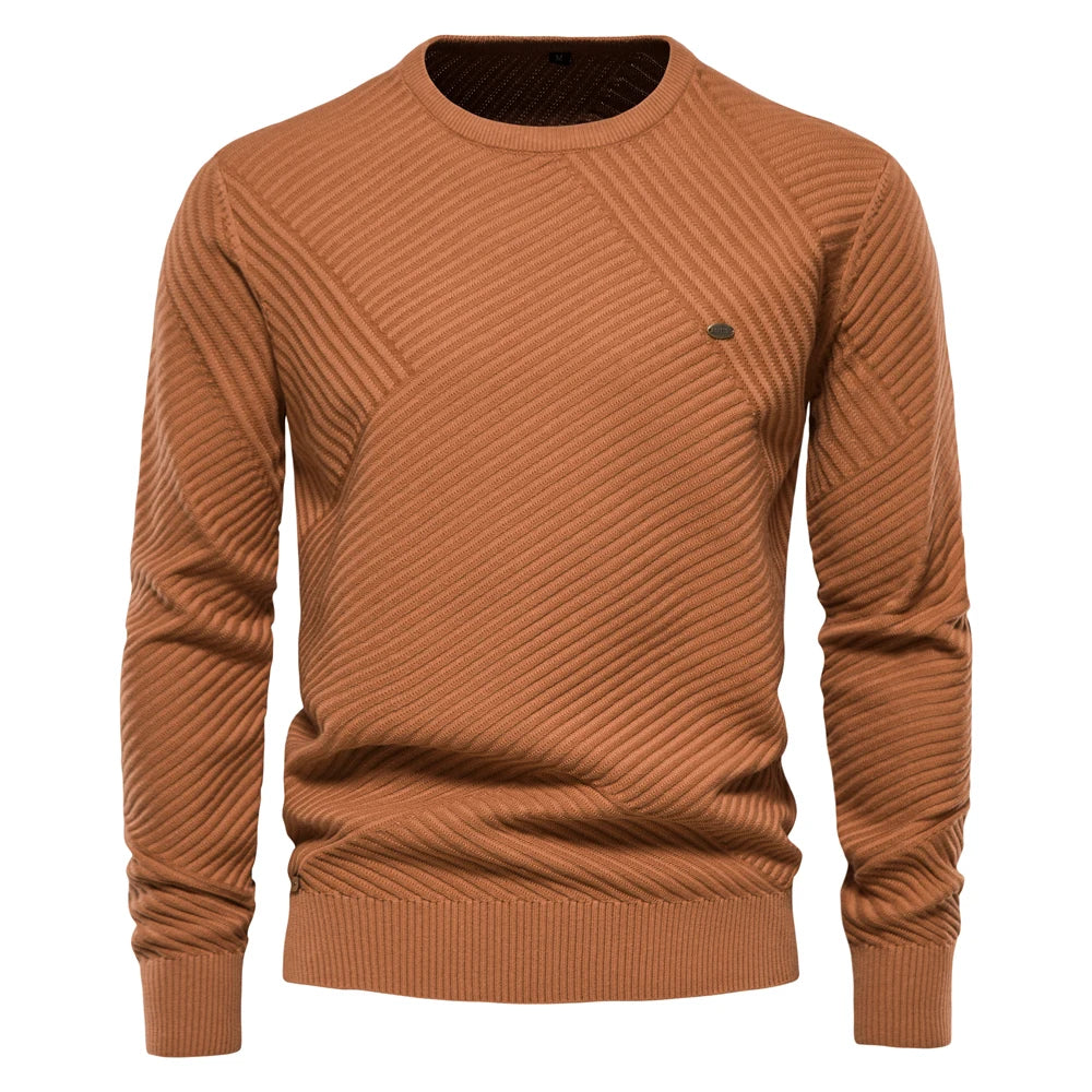 Men's Solid Colour Cotton Sweater Striped O-Neck Knitted Pullover for Men Casual High Quality Winter Sweater