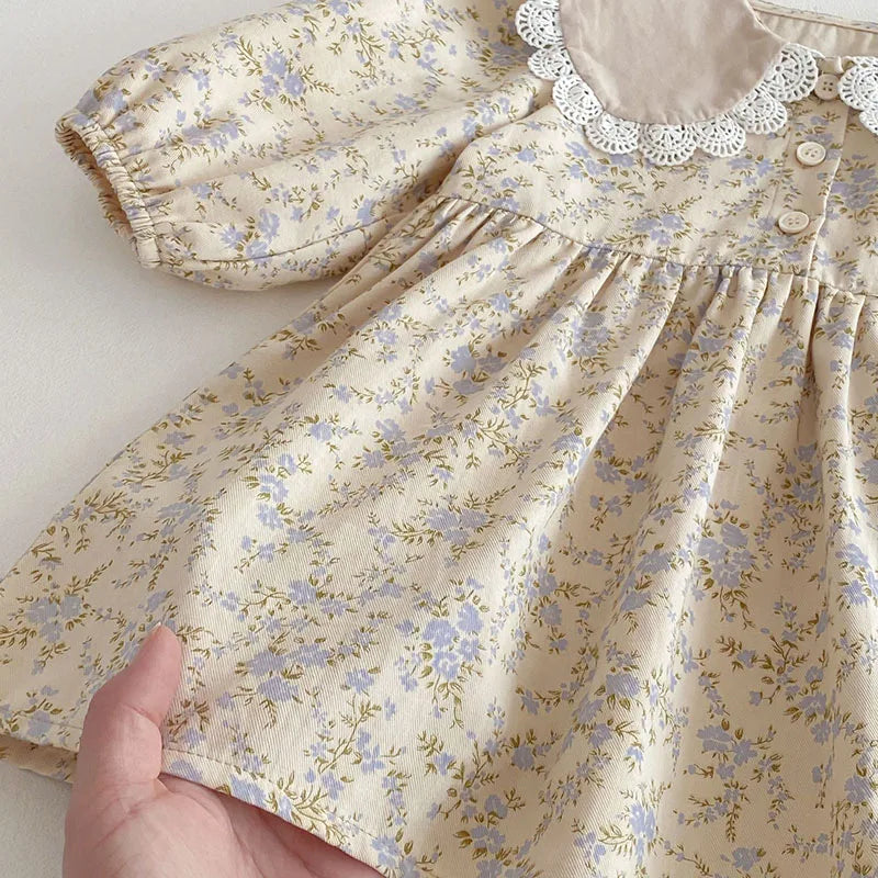 New Spring Girls Floral Dress Kids Cute Lace Doll Collar Princess Dress Children Sweet Flower Clothes For Kids 1-3Y Girls