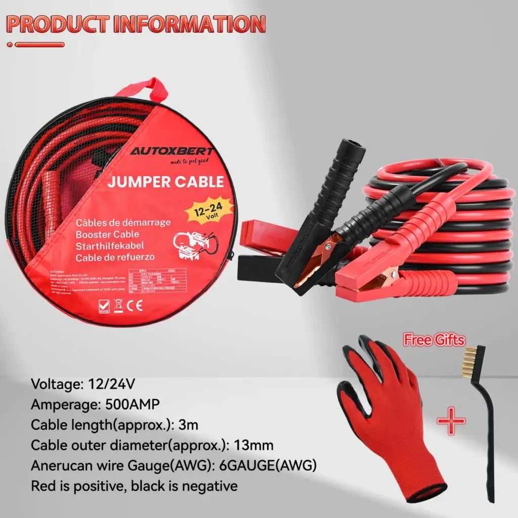 High Quality 3M 500A Car Battery Jump Cable Booster Cable Line Emergency Jump Starter Leads Van SUV Double-ended w/ Clamps Clips