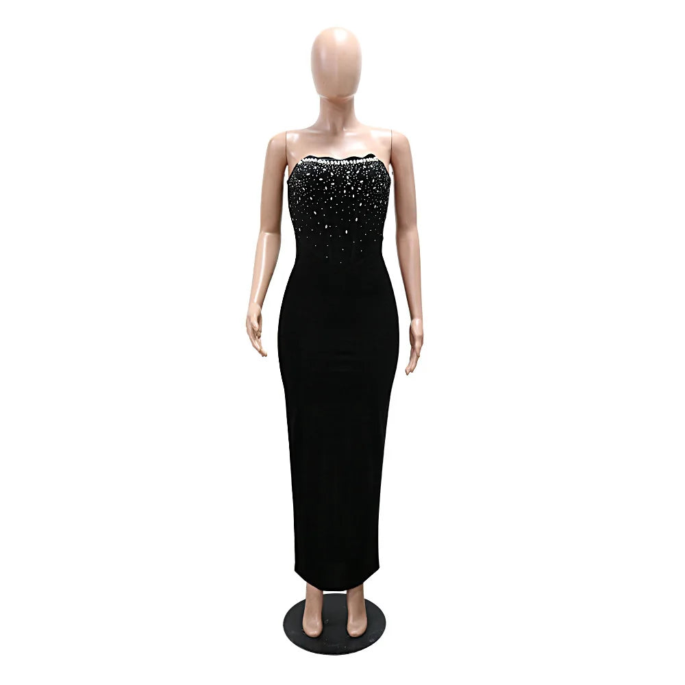 Women's Sexy Solid Color Backless Sleeveless Rhinestone Decor Velvet Bandeau Party Dress