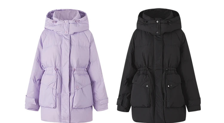 Women's Winter Warm Oversized Long Hooded Down Jacket, Adjustable Pig Nose, Buckle Waist Belt Utility Duck Down Parka For Ladies