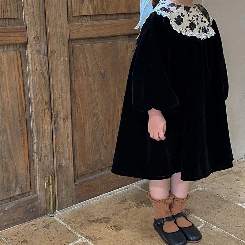 Autumn Velvet Vintage Style Kids Long Dress for Girls Floral Round Collar Princess Kids Clothes Dresses 2-6 Years