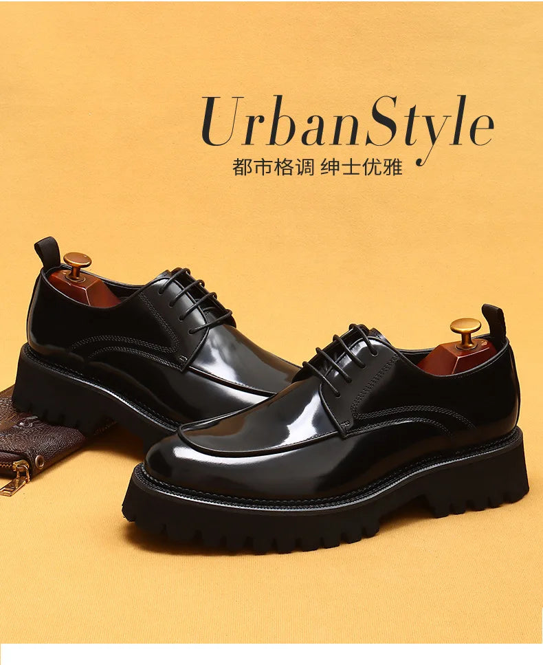 Designer Men's Leather Shoes With Thick Soles Round Toe Glossy Leather Business Dress and Waxed Cowhide Lace-Up British Shoes