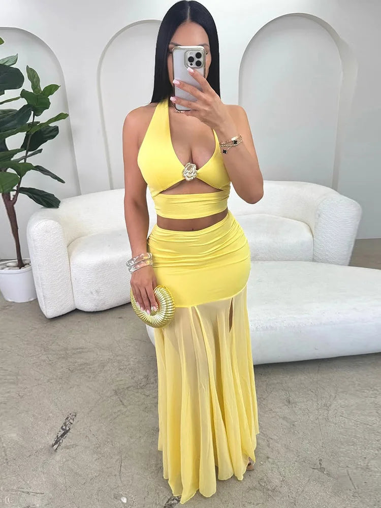Sexy Fashion 2 Piece Set Women Metal Flower Decoration Halter Hollow Tops + Mesh Patchwork Long Skirts Elegant Outfits