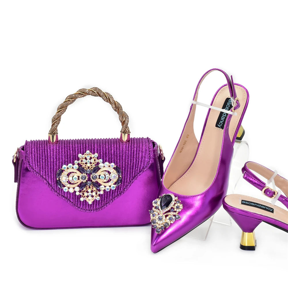 African Matching Shoes and Bags Set Decorated with Rhinestone for Ladies' Party