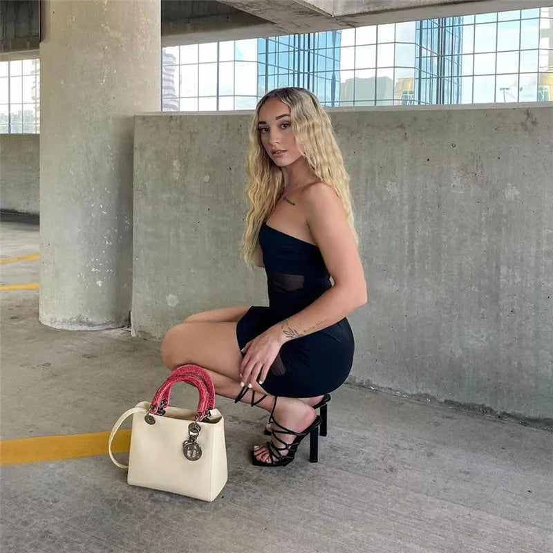 Midnight Dress See-Thought Mesh Patchwork Bandage Wrapped Chest Women Sexy Hip Wraps Dresses Female Partywear Clothing