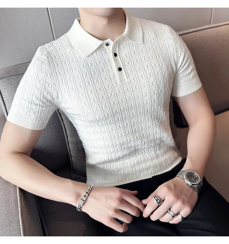 Men's Slim-Fit Jacquard Knitted Short-Sleeved Polo Shirt for Male Fashion Lapel Golf Shirt