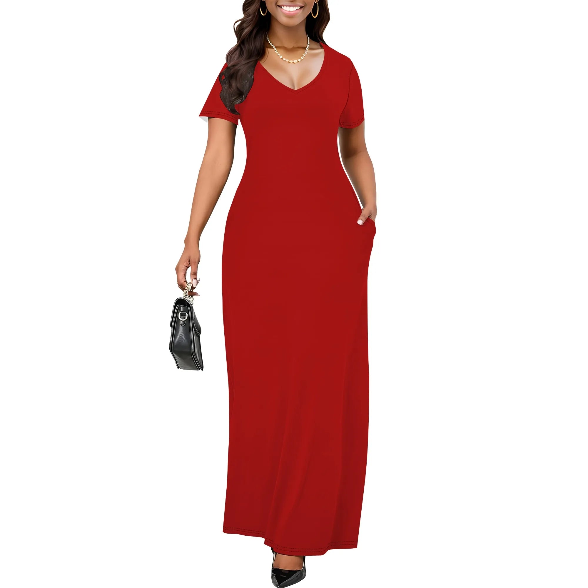 Women's Casual Short Sleeve Sexy V Neck Solid Color T Shirt Maxi Dress Summer Beach Swing Sundresses with Pockets