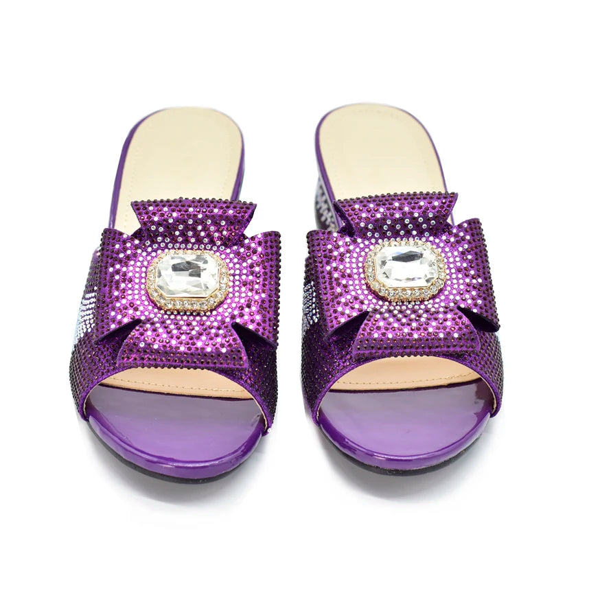 Italian Women Elegant Low Heel Shoes and Bag Set Decorated with Rhinestone for Ladies' Wedding Bride Shoes