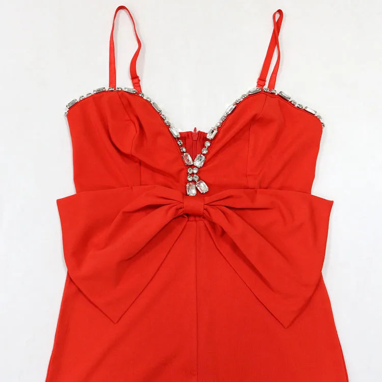 Spaghetti Strap Rhinestone Bowknot Decor Straight Jumpsuit