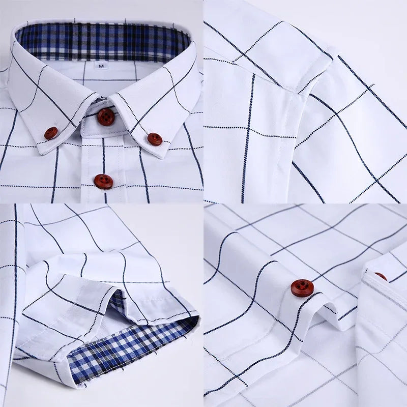 Summer Men Shirts Short Sleeve Plaid Shirt Slim Casual Button Up Dress Shirts Men Big Size M-5XL Anti-wrinkle Soft