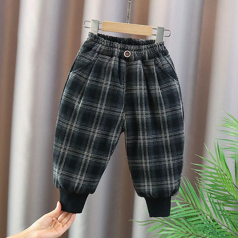 Winter Baby Children's Pants Girls Retro Plaid Thick Trousers Fur Lining Boys Warm Casual Pants 0-5Y Unisex