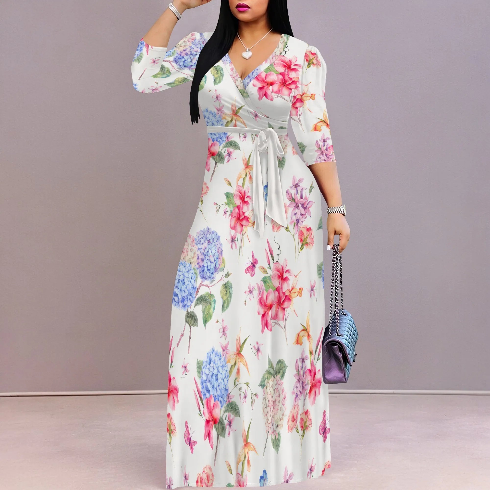 Pastel Floral Maxi Dress Plus Size Long Elegant Beach Holiday V Neck Spring Boho Style