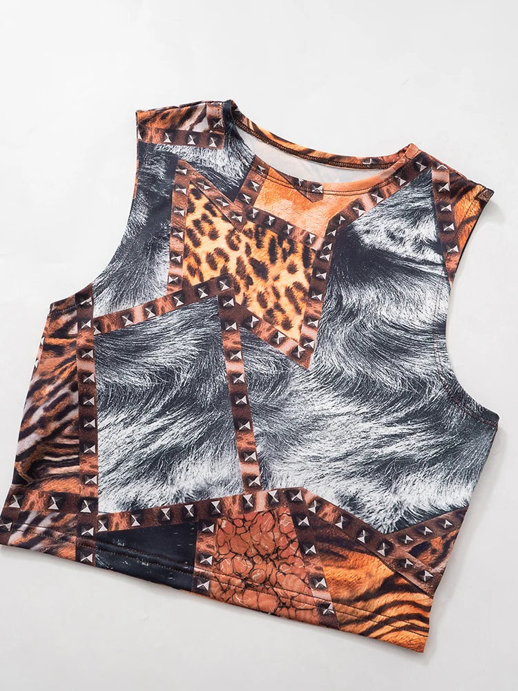 Colourful Print 2 Piece Set Women Casual O-Neck Tank Tops + Skinny Shorts Matching Hottie Sexy Sporty Activity Tracksuit