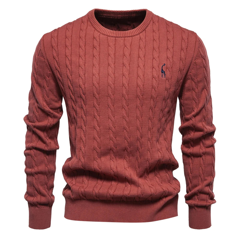 Men's Giraffe Embroidery Cotton Sweaters Round Neck Classic Twist Patterned Pullover Knitted Sweater for Men