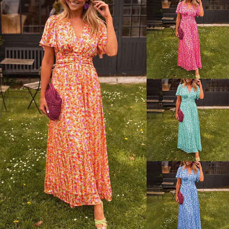Summer Elegant Fragmented Flower Dress Women Fashion Beach Style V-neck Bubble Sleeves Long Dress Women