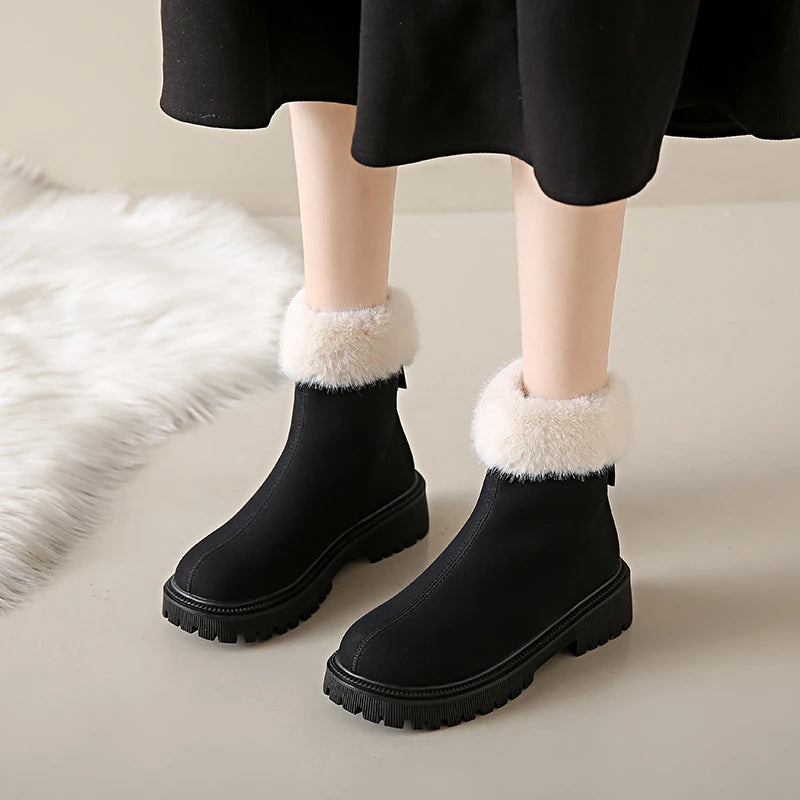 Women's Winter Boots 2024 New Fashion Velvet Lined Solid Color Ankle Square Heel Round Toe Outdoor Snow Boots Thick Soles Zipper