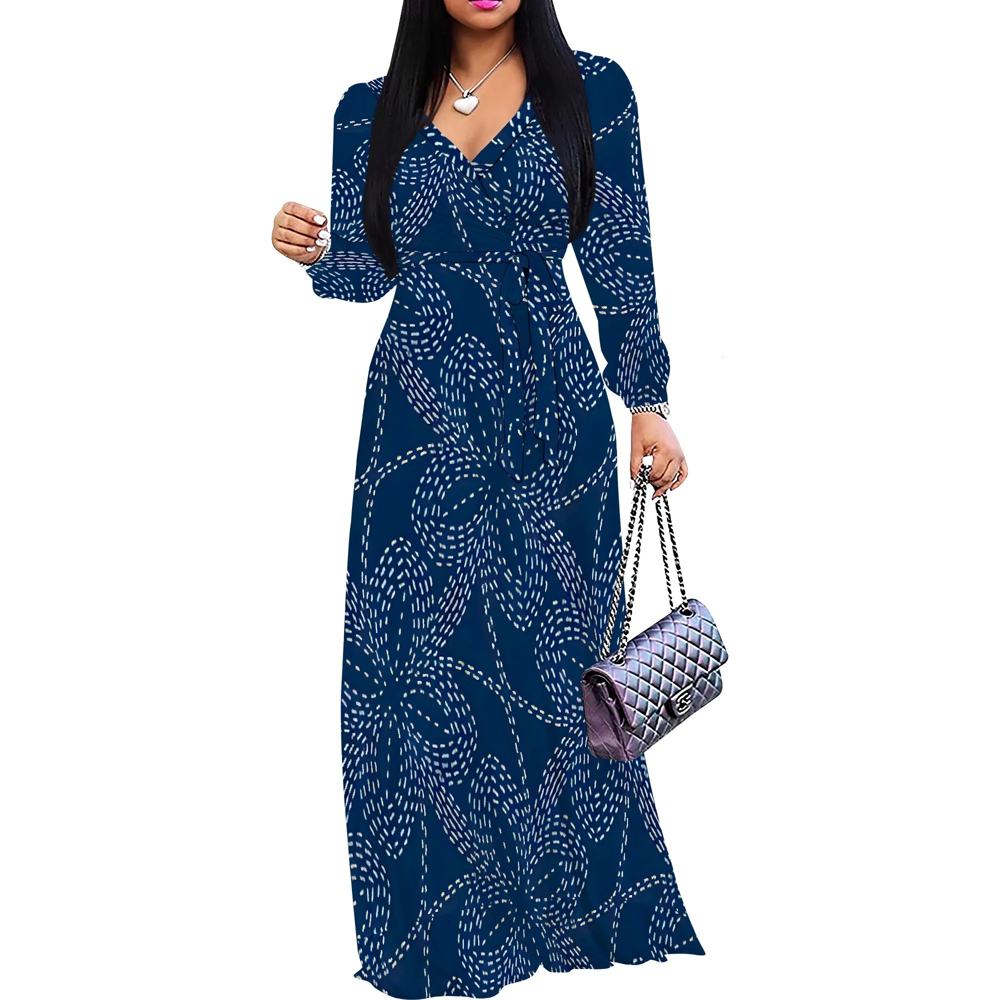 Elegant V-Neck Long Sleeve Geometric Print Maxi Dress for Women Autumn Vacation Style
