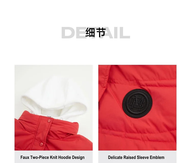 Women's Faux Two-Piece Mid-Length Puffer Jacket With Cosy Polar Fleece Lining, Hooded Warmth Loose Duck Down Coats For Ladies
