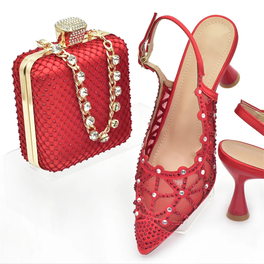 Hollow Design Trendy African Matching Shoes and Bags Italy Rhinestone Women Party Pumps for Women Elegant Wedding Shoes Bride