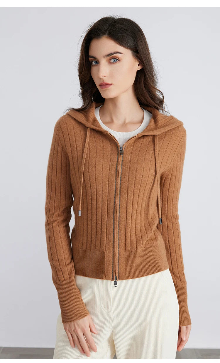 Women's High-Quality Winter Luxury Brand Long-Sleeved Hooded Cardigan & Knitted Sweater With 94% Cashmere For Ladies