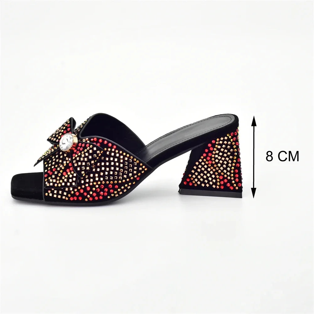 Nigeria Popular Design African Ladies Shoes and Bag Set Decorated with Rhinestone Wedding Shoes Bride Peep Toe Low Black Heels