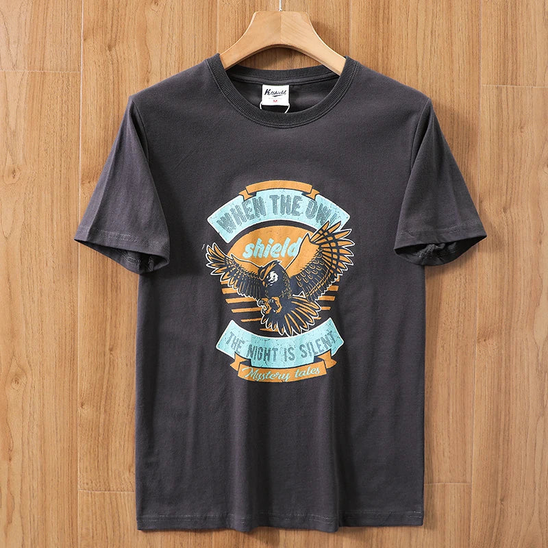 2025 Summer New American Retro 250g Short Sleeve O-neck Printed T-shirt Men's Fashion 100% Cotton Washed Casual Loose Tops