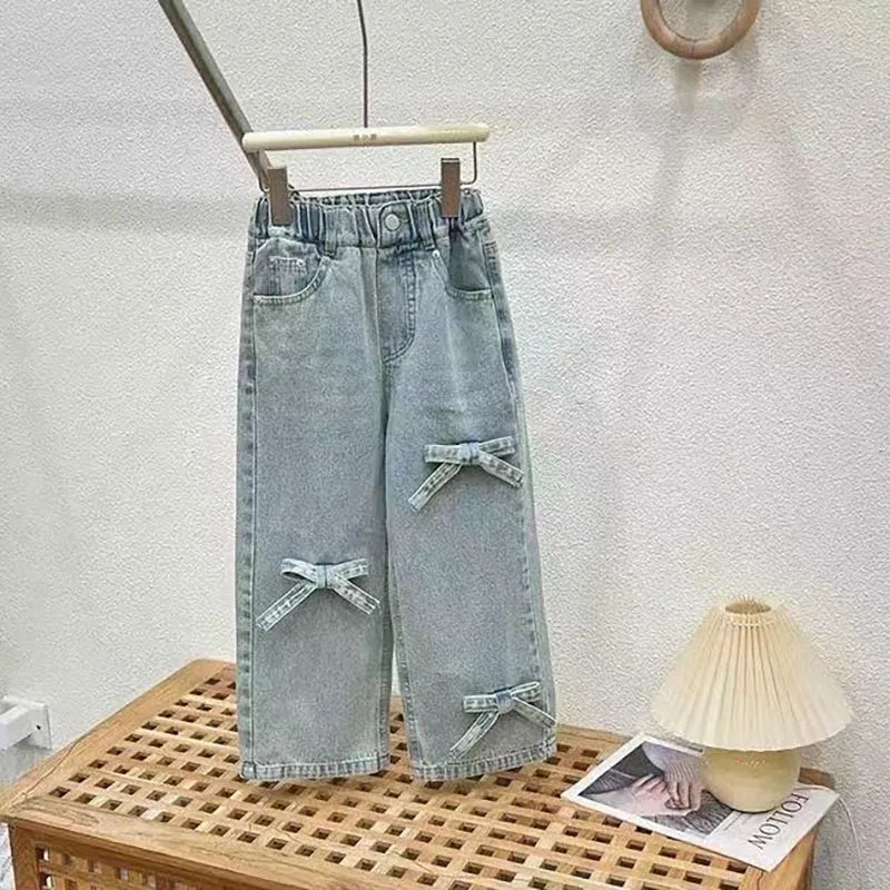 2PCS Children's Summer Clothes Set Girls Bow Colour Blocked Top + Solid Colour Straight Leg Jeans Outfit For Kids 4-6Y