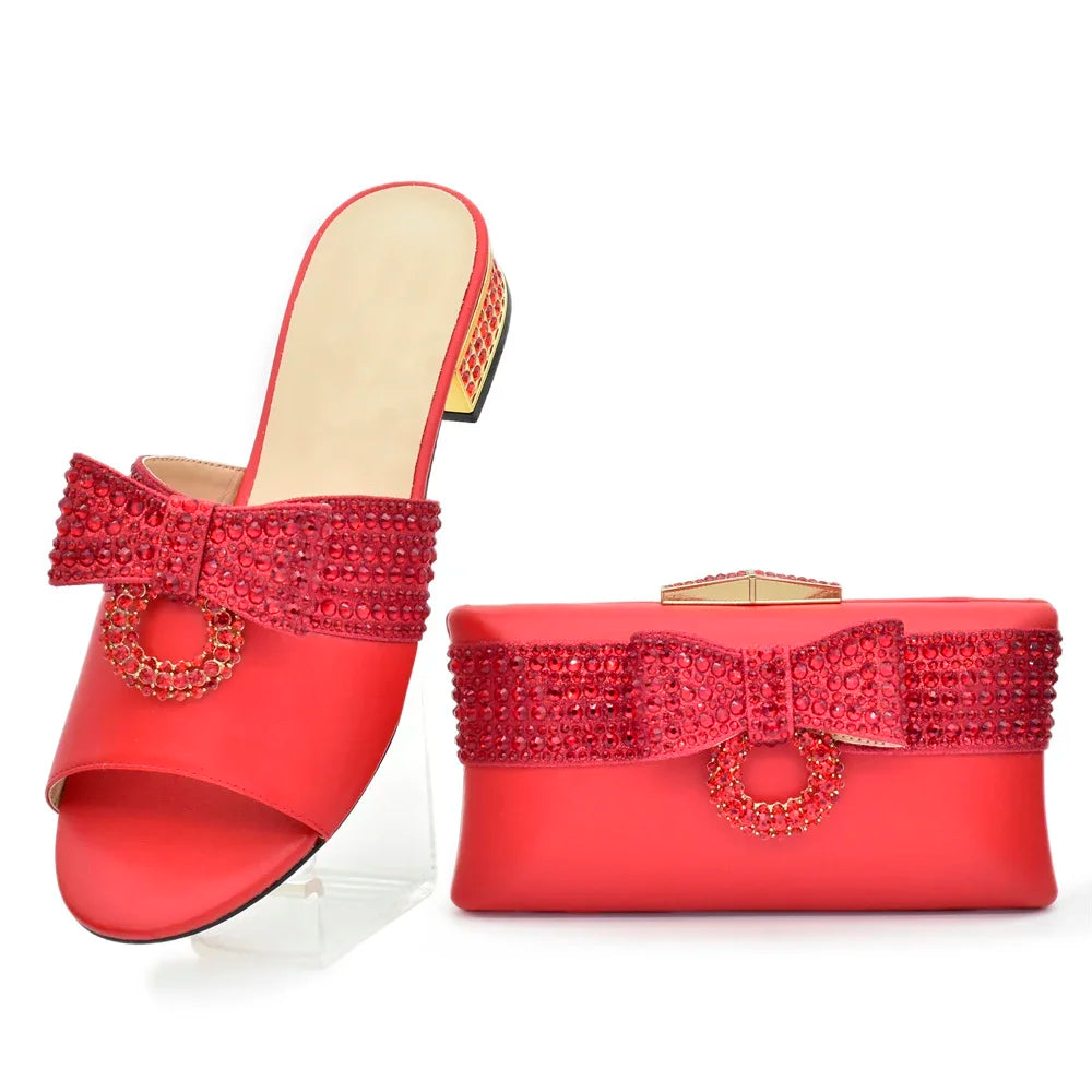 Italian Ladies Shoes and Bags To Match Set Decorated with Rhinestone Sling Backs Low (1cm-3cm) Luxury Shoes Women Designers