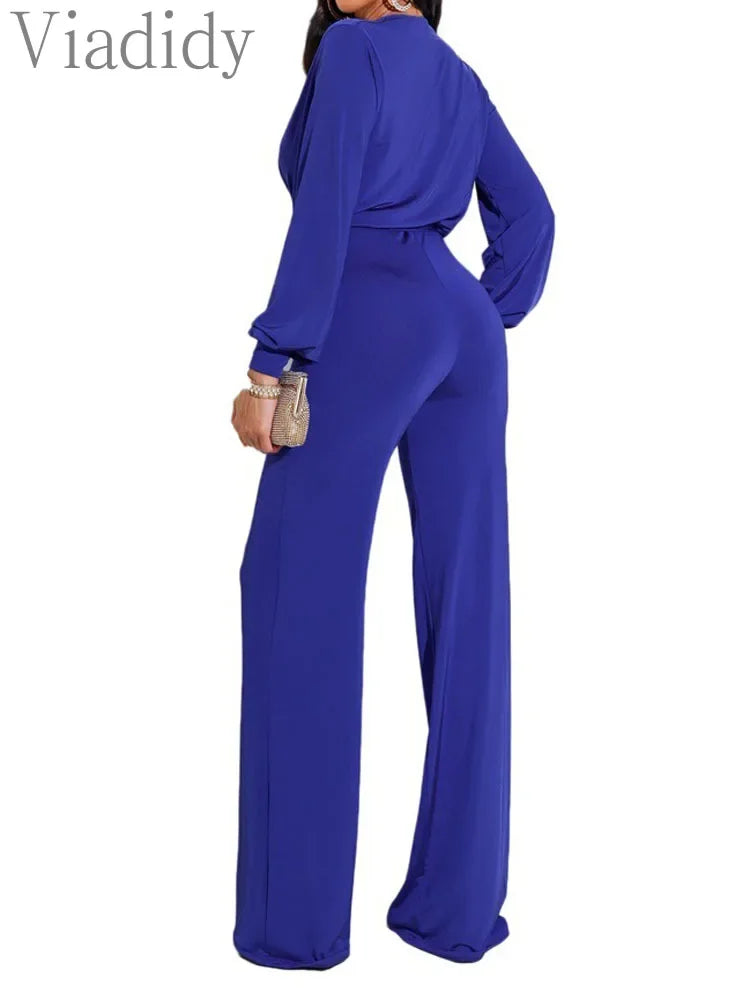 Women Solid Color Knitted V-Neck Long Sleeve Straight Jumpsuit With Belt